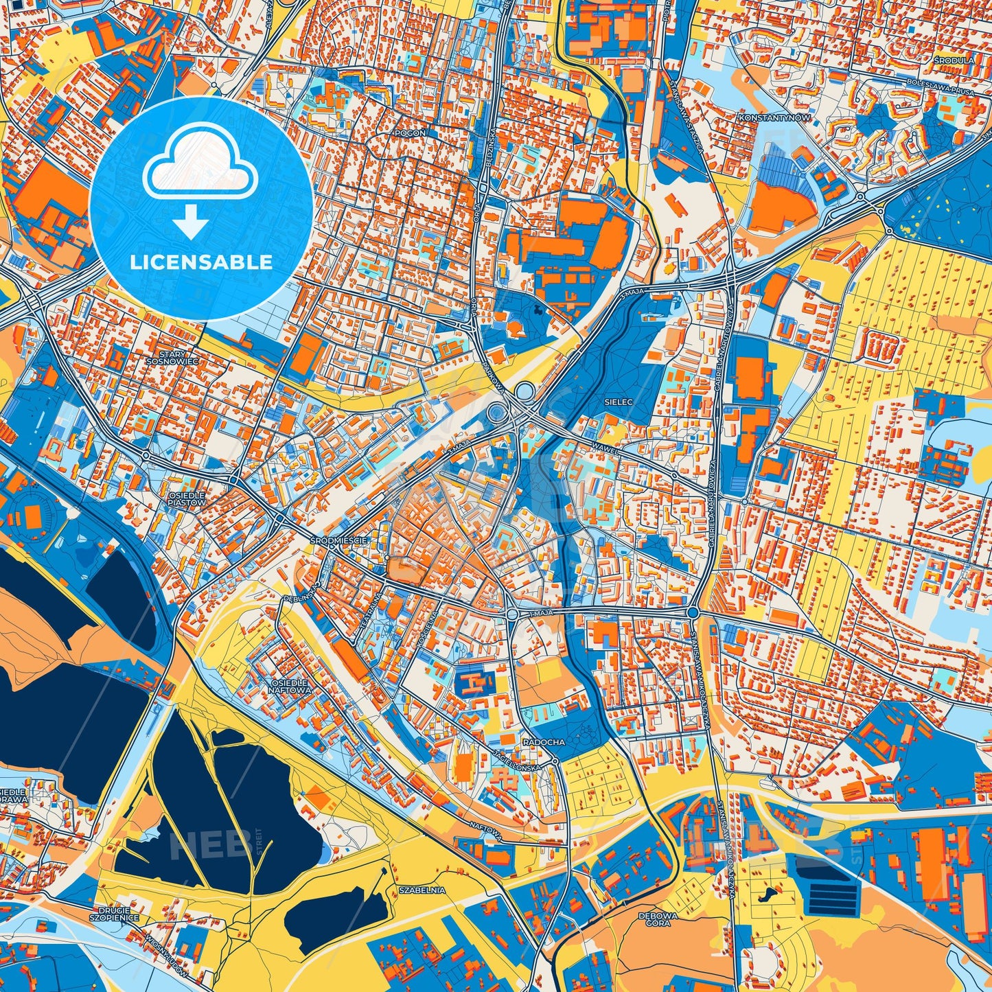 Colorful Sosnowiec Street Map with Labels and Buildings