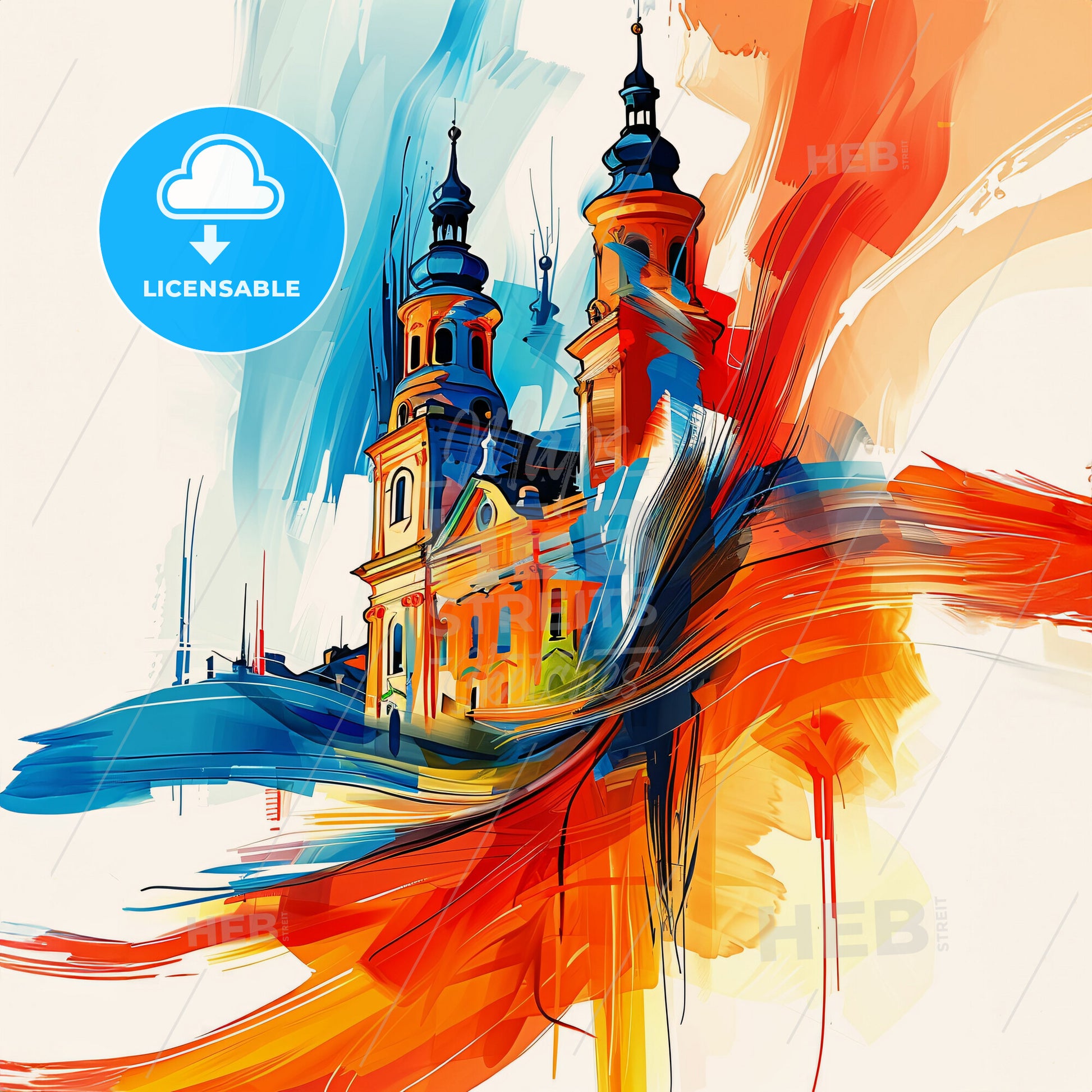 Vibrant Sosnowiec, Poland - A Painting Of A Building With Towers And A Colorful Background