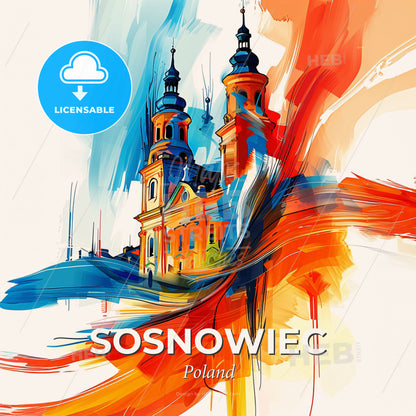 Vibrant Sosnowiec, Poland - A Painting Of A Building With Towers And A Colorful Background - Square format print template