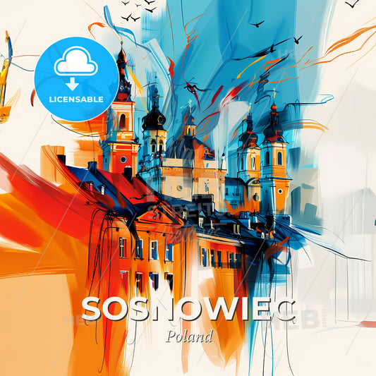 Vibrant Sosnowiec, Poland - A Painting Of A Building With Many Towers - Square format print template