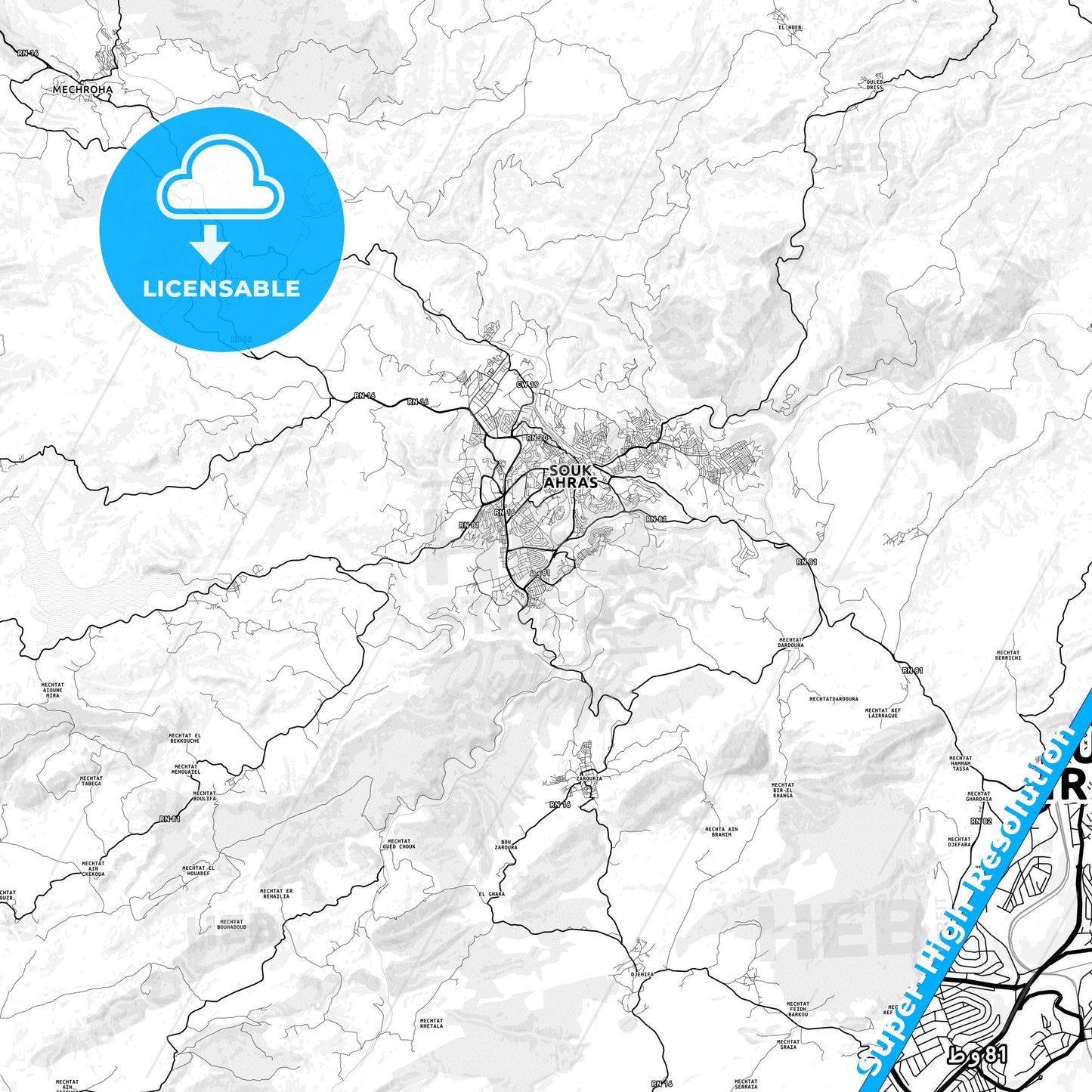 Souk Ahras, Algeria light map with streetnames, citynames and districts