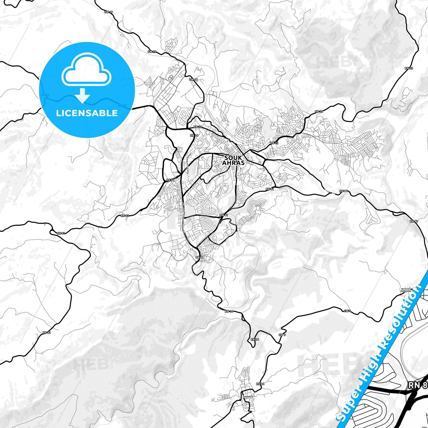 Souk Ahras, Algeria Light Map with Street Names, City Names, and Districts