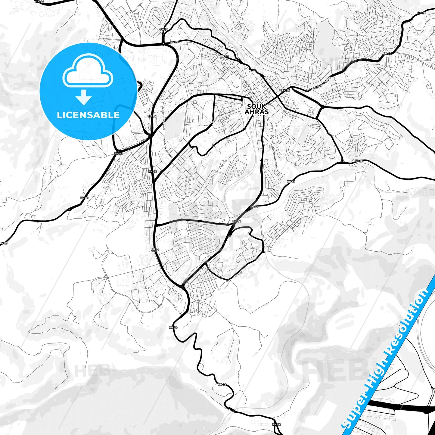 Souk Ahras, Algeria Light Map with Street Names, City Names, and Districts