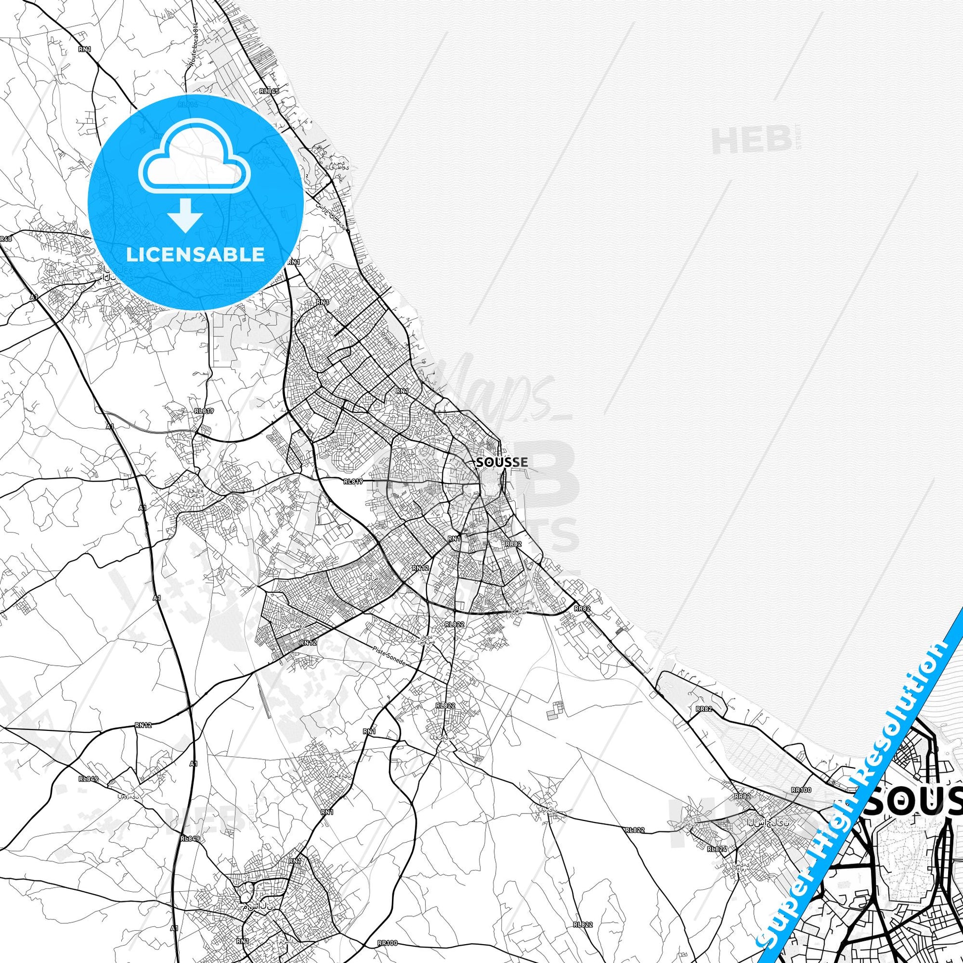 Sousse, Tunisia light map with streetnames, citynames and districts