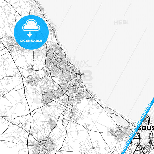 Sousse, Tunisia light map with streetnames, citynames and districts