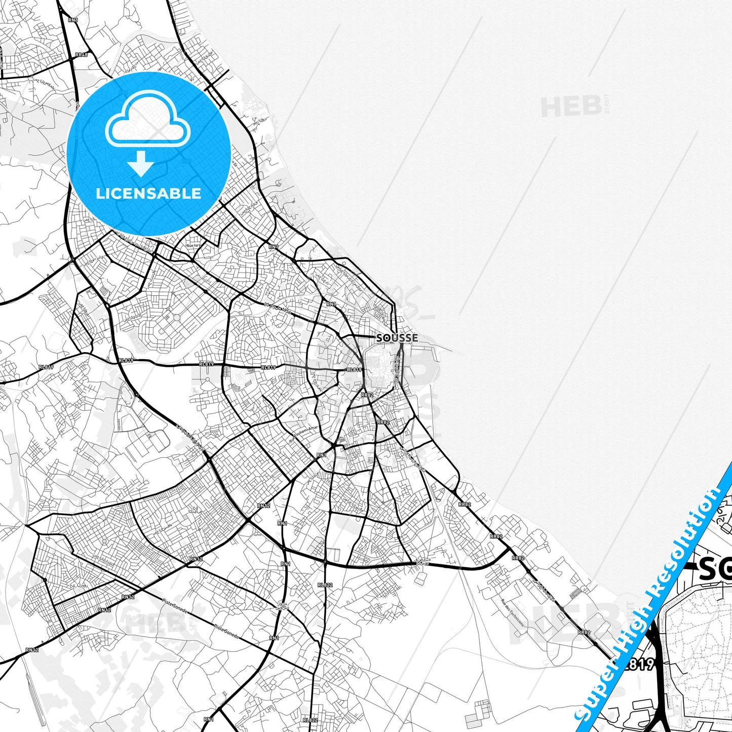 Sousse, Tunisia Light Map with Street Names, City Names, and Districts