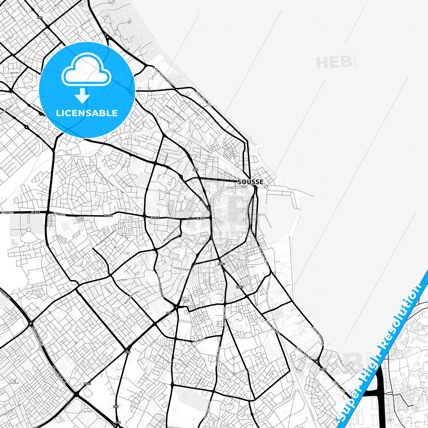 Sousse, Tunisia Light Map with Street Names, City Names, and Districts