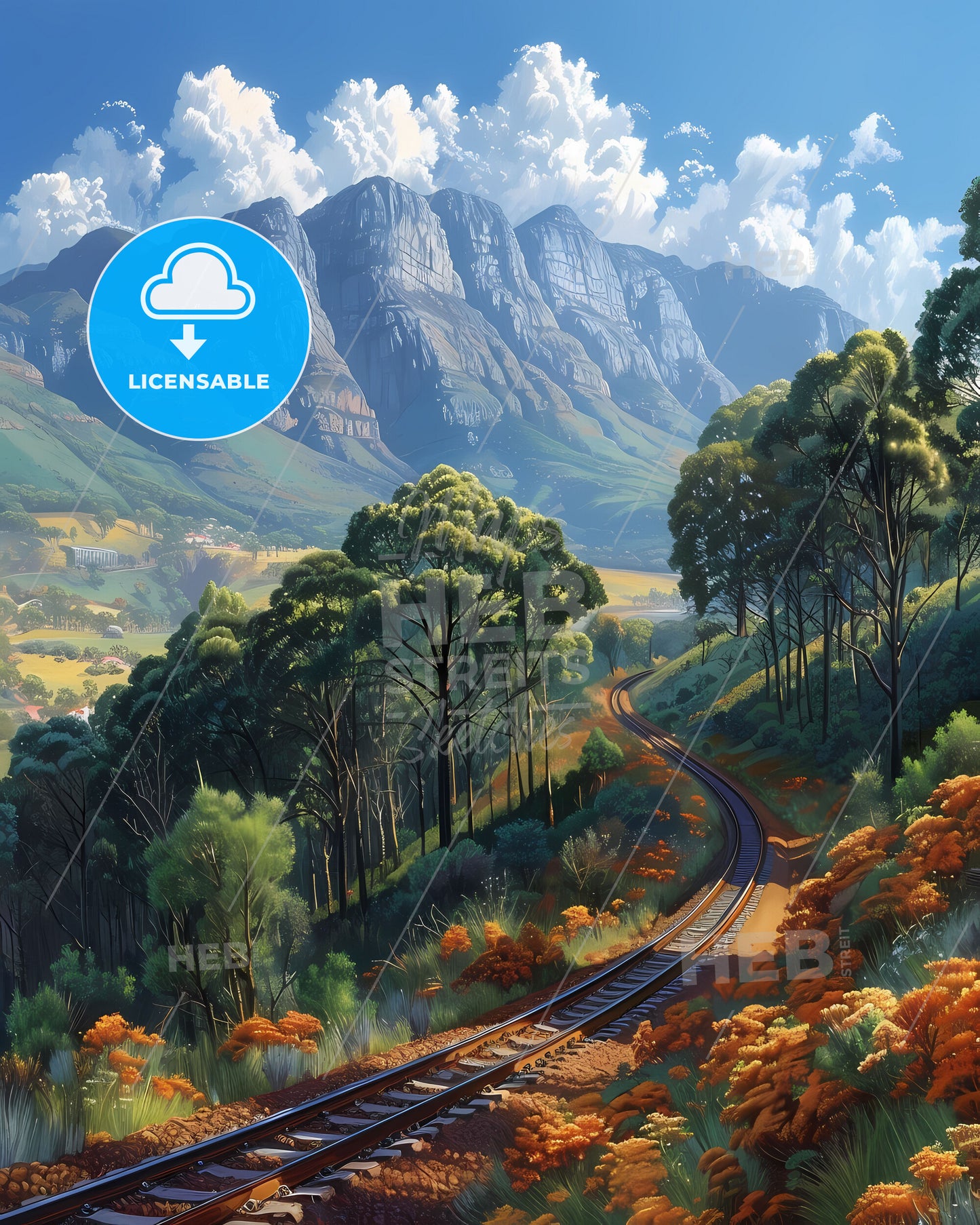 Train Tracks Valley Trees Mountains South Africa Africa Art Painting Vibrant Scenery Landscape