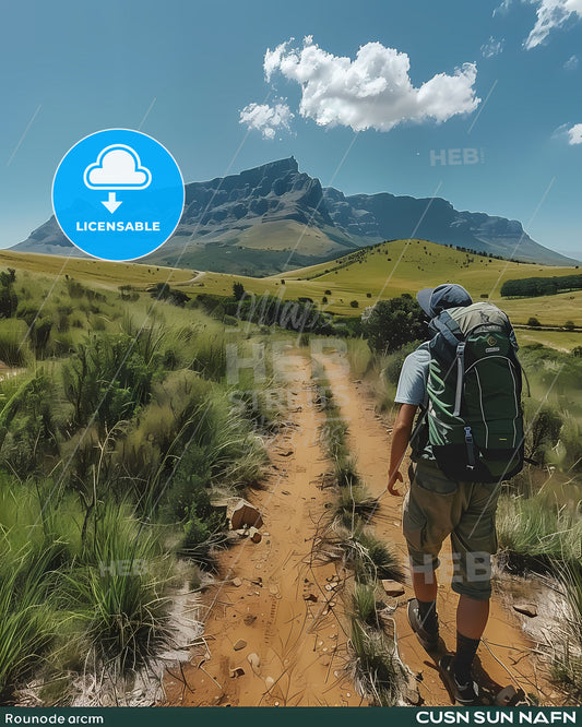 Vibrant Art Depiction of Man Walking on African Dirt Road with Mountain Background