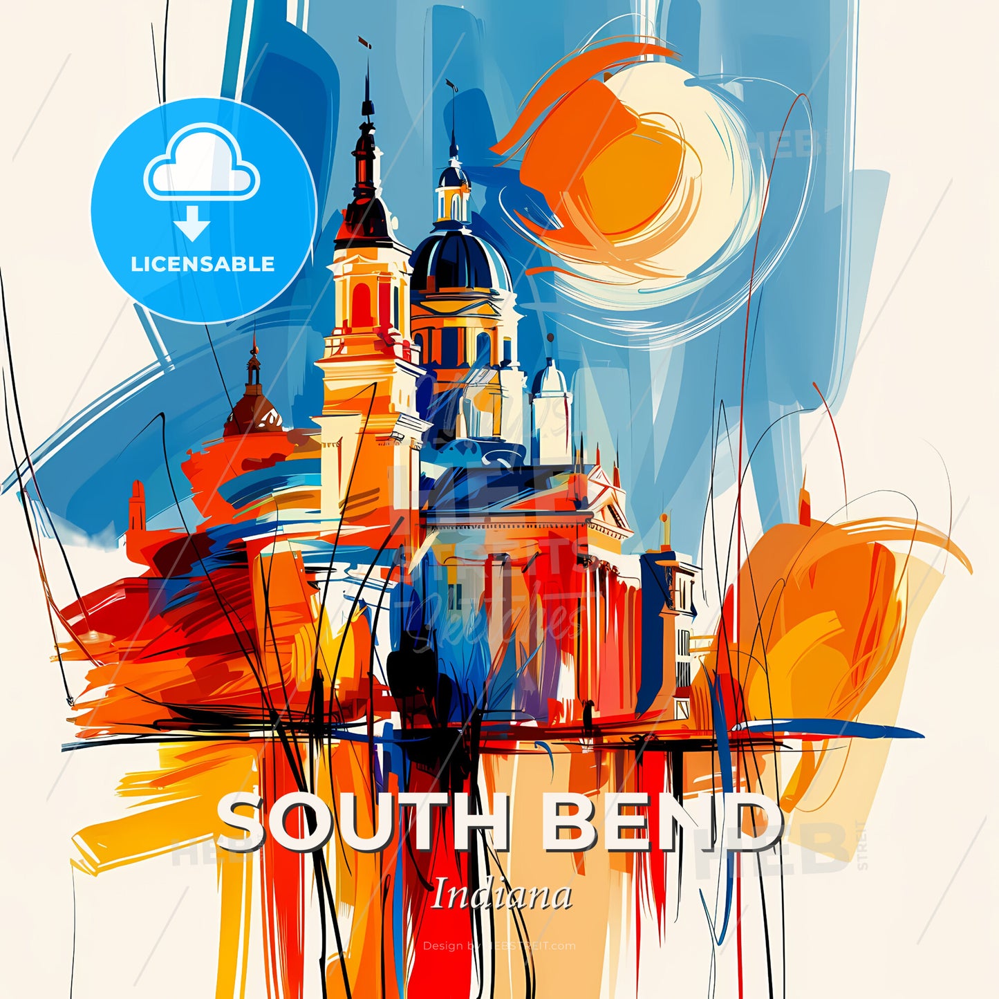 Vibrant South Bend, Indiana - A Painting Of A Skyline With A Colorful Building - Square format print template