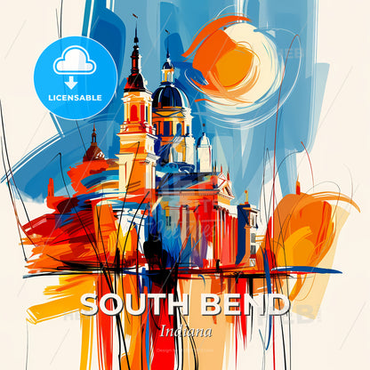 Vibrant South Bend, Indiana - A Painting Of A Skyline With A Colorful Building - Square format print template
