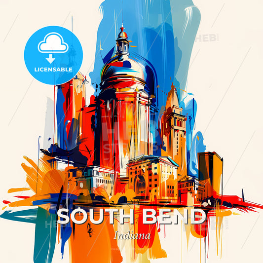 Vibrant South Bend, Indiana - A Painting Of A Skyline With A Colorful Building - Square format print template