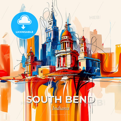 Vibrant South Bend, Indiana - A Painting Of A Skyline With A Colorful Building - Square format print template