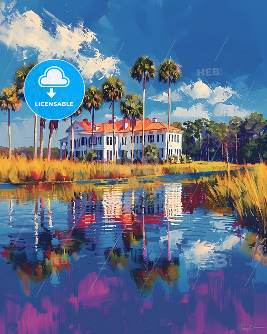 Vibrant South Carolina House Painting with Palm Trees and Water
