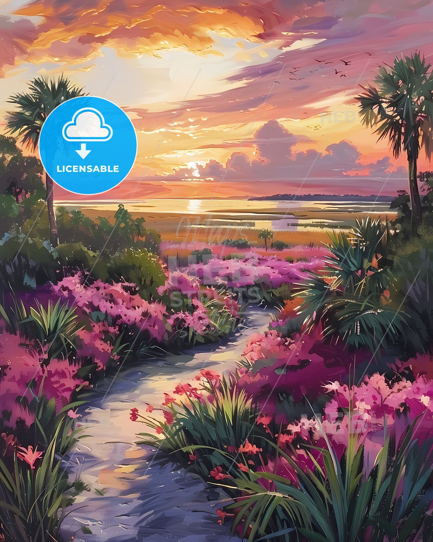 Tropical Path Painting, South Carolina, USA: Vibrant Artwork of Lush Landscape