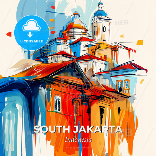 Vibrant South Jakarta, Indonesia - A Painting Of A Building With A Blue And Orange Roof - Square format print template