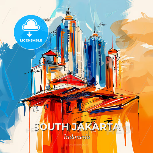 Vibrant South Jakarta, Indonesia - A Painting Of A Building With Tall Buildings - Square format print template