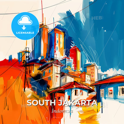 Vibrant South Jakarta, Indonesia - A Painting Of Buildings And A Blue Sky - Square format print template