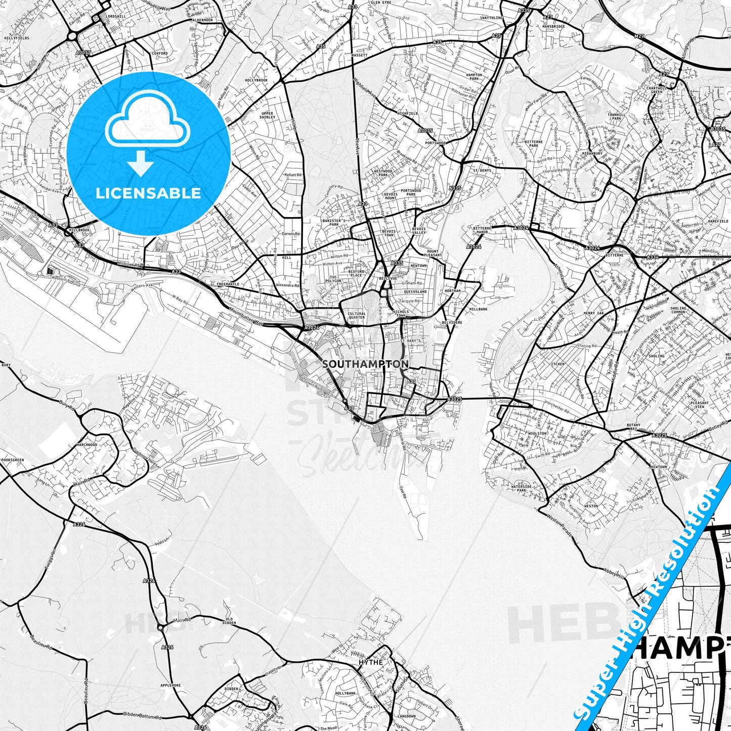 Southampton, England Light Map with Street Names, City Names, and Districts