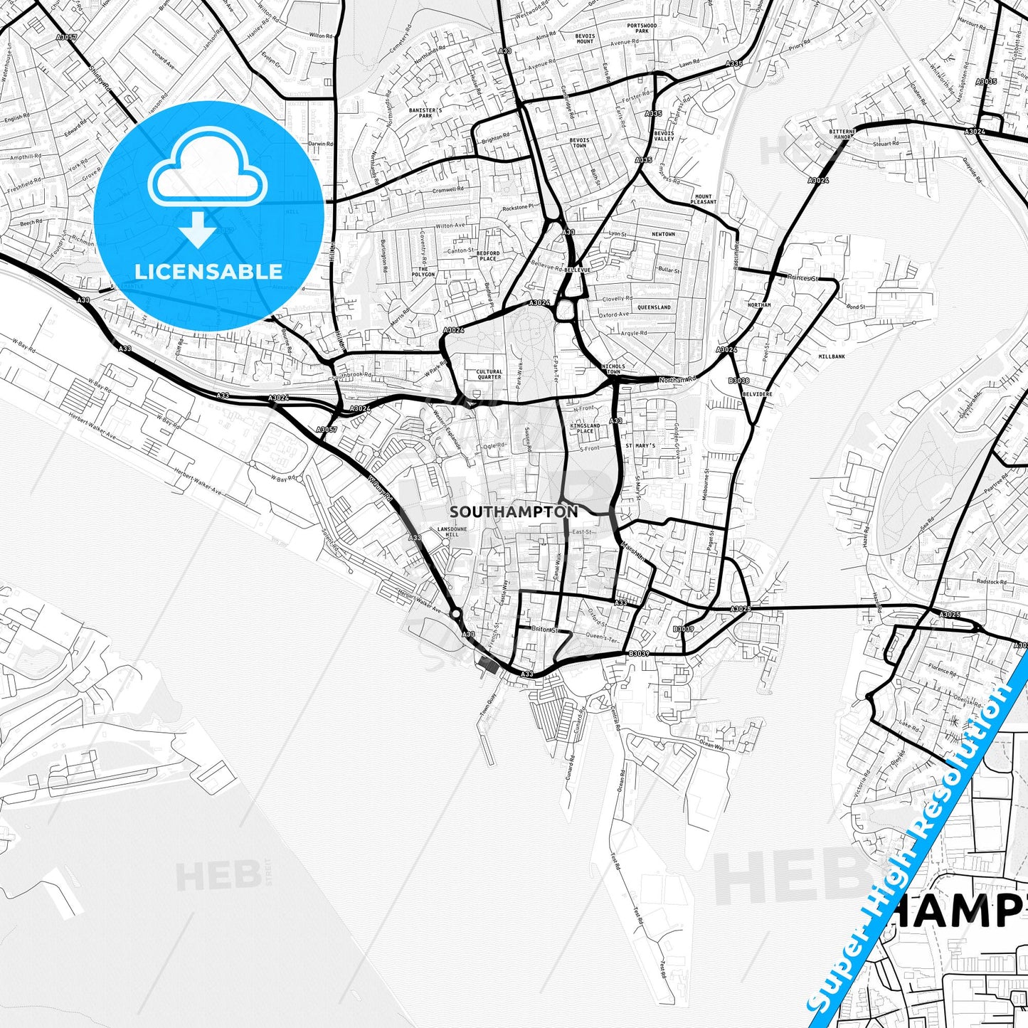 Southampton, England Light Map with Street Names, City Names, and Districts