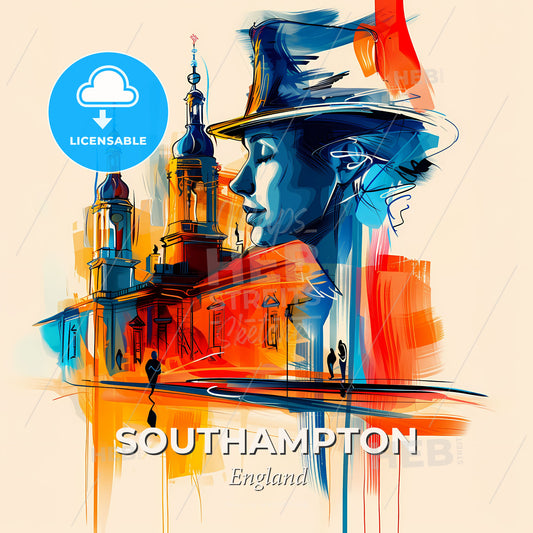 Vibrant Southampton, England - A Painting Of A Woman's Face And A Building - Square format print template