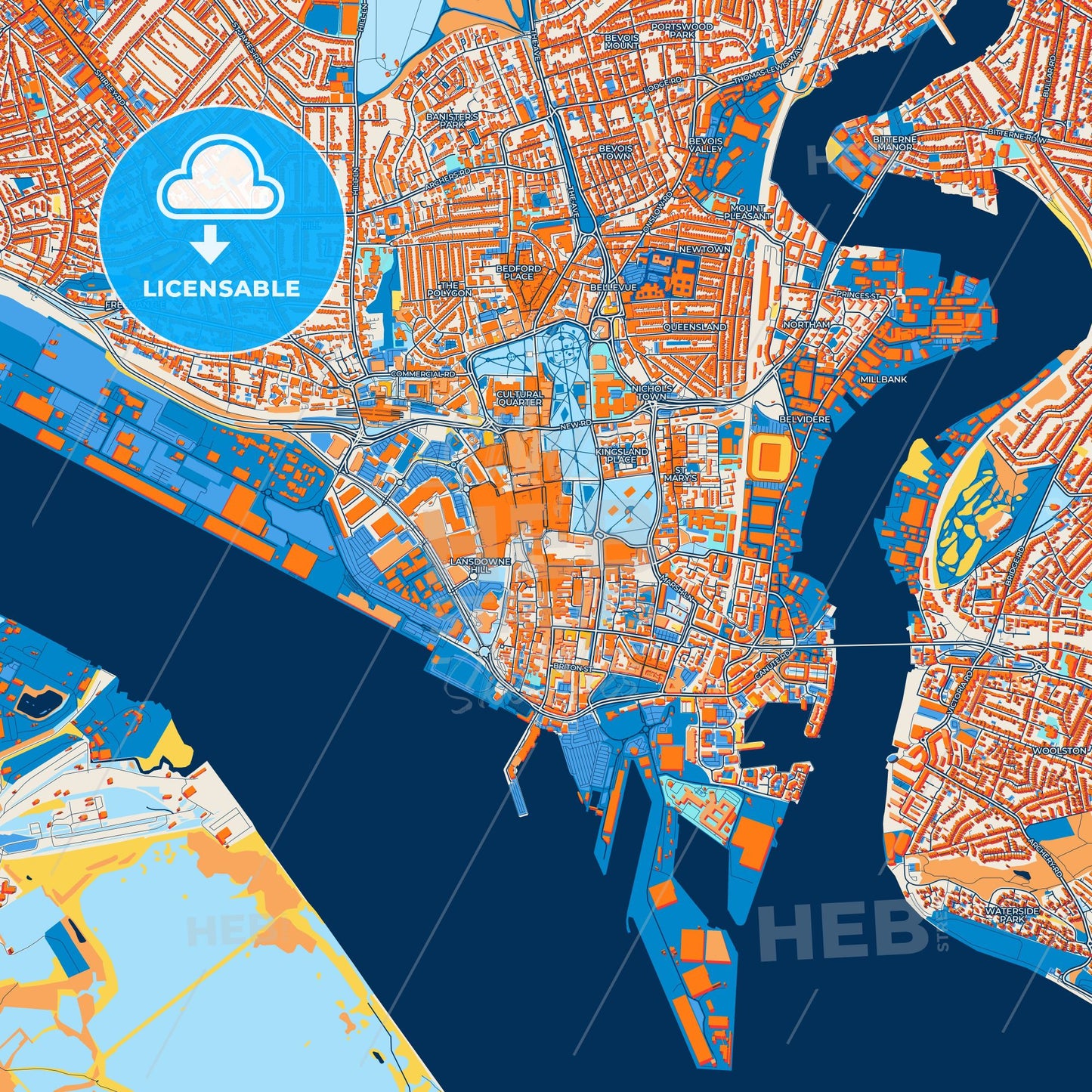Colorful Southampton Street Map with Labels and Buildings