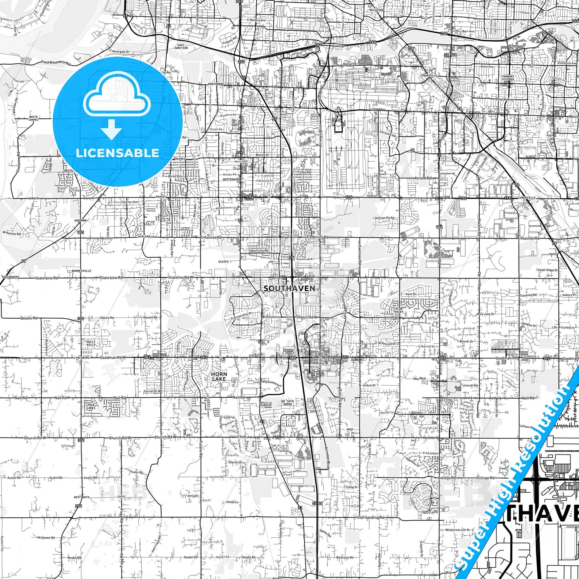Southaven, Mississippi light map with streetnames, citynames and districts