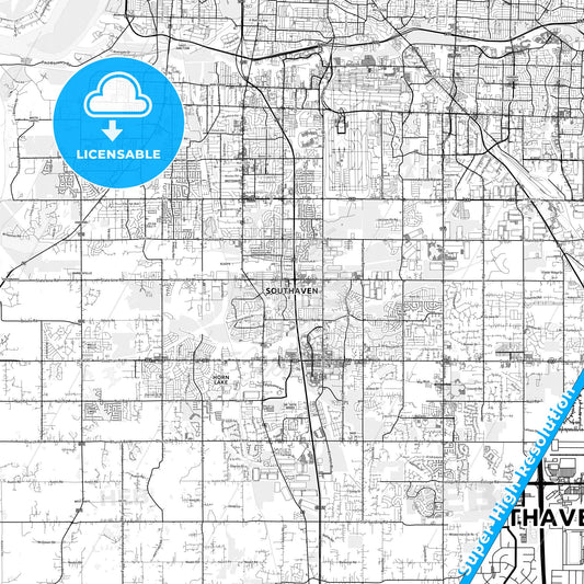 Southaven, Mississippi light map with streetnames, citynames and districts