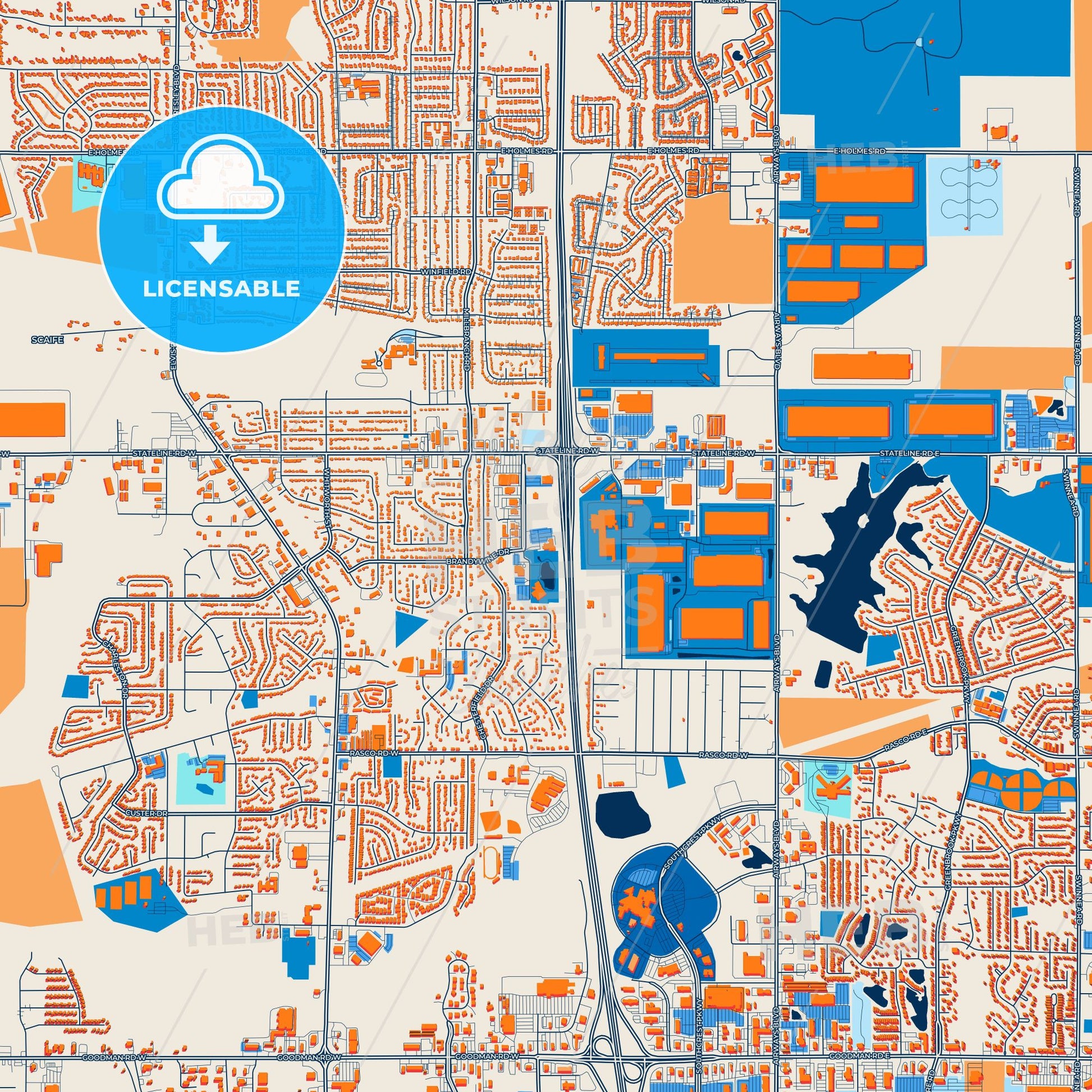 Colorful Southaven Street Map with Labels and Buildings