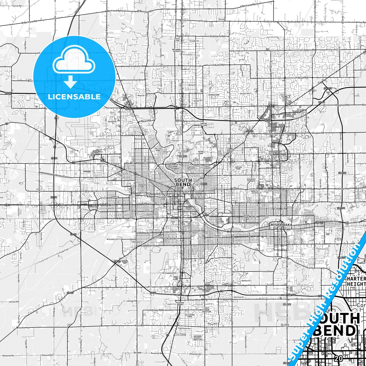 South Bend, Indiana light map with streetnames, citynames and districts