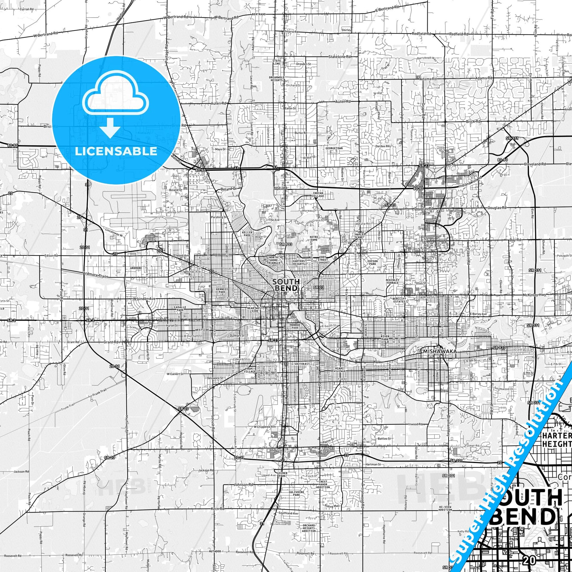 South Bend, Indiana light map with streetnames, citynames and districts