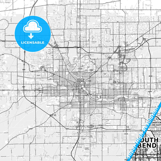 South Bend, Indiana light map with streetnames, citynames and districts