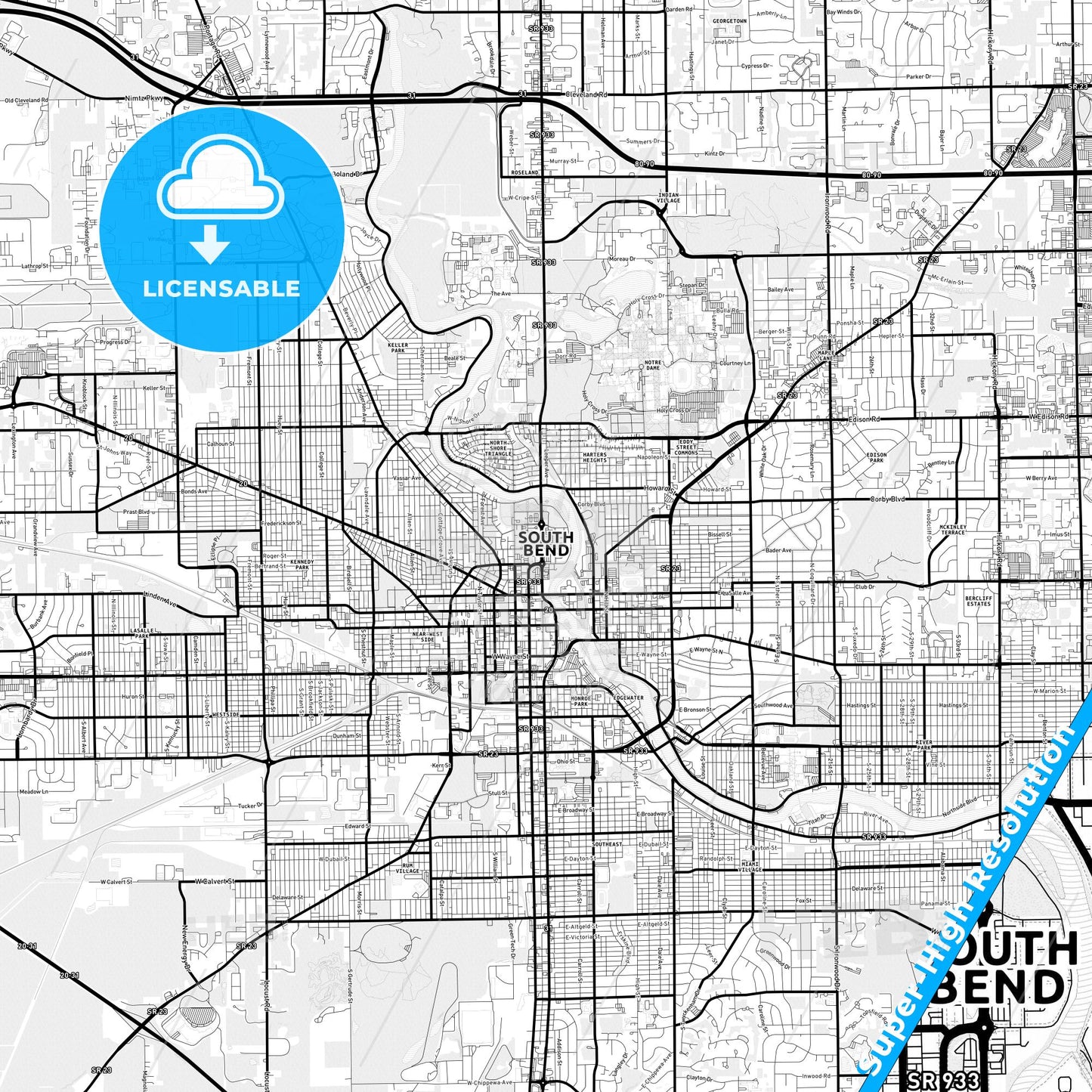 South Bend, Indiana Light Map with Street Names, City Names, and Districts