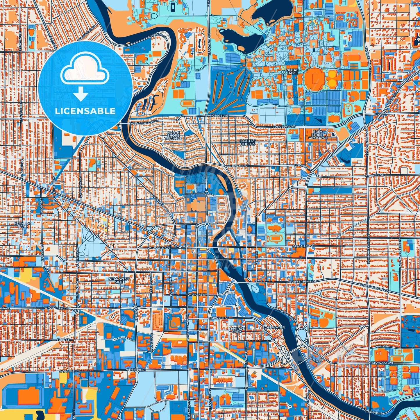 Colorful South Bend Street Map with Labels and Buildings