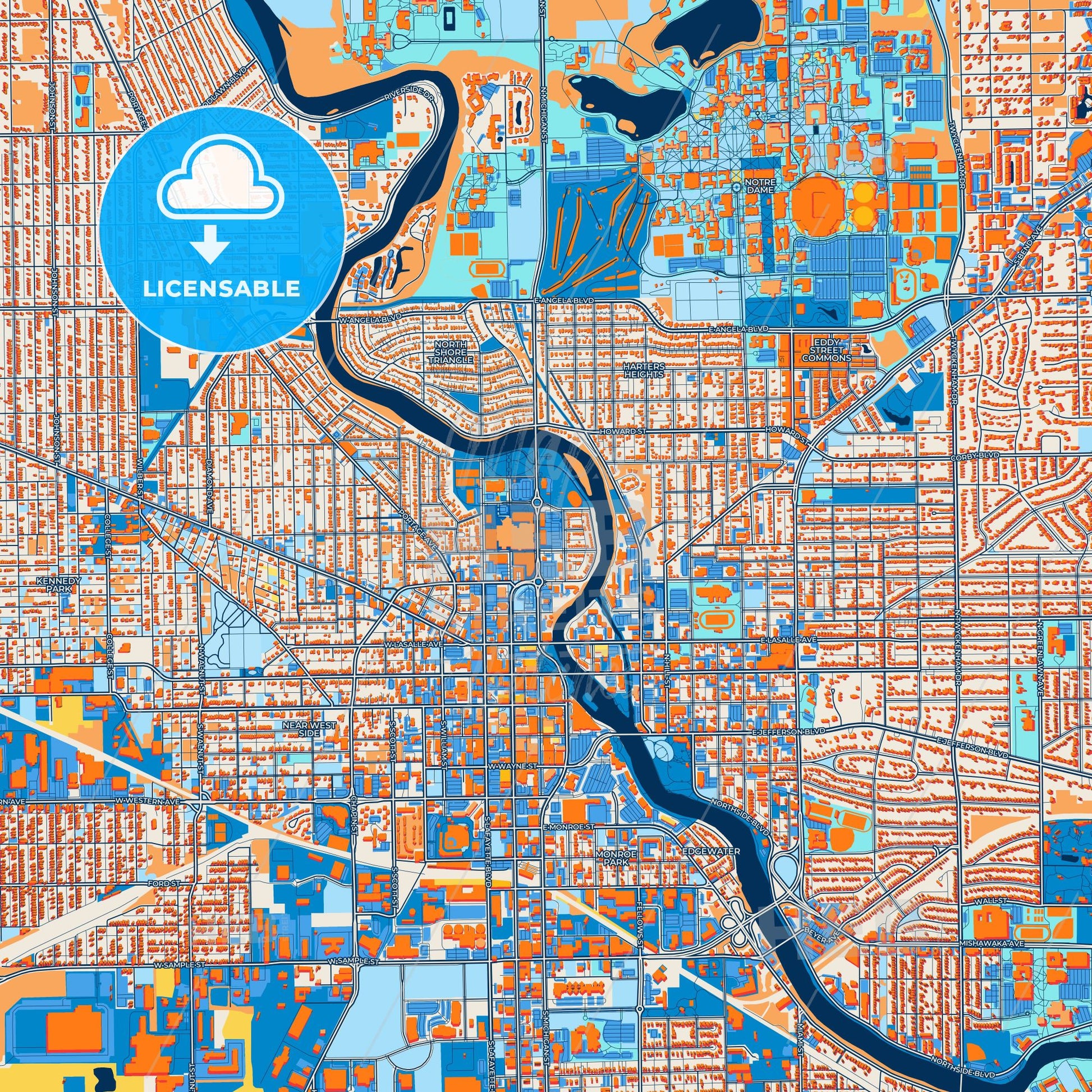 Colorful South Bend Street Map with Labels and Buildings