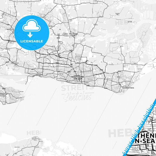 Southend-on-Sea, England light map with streetnames, citynames and districts