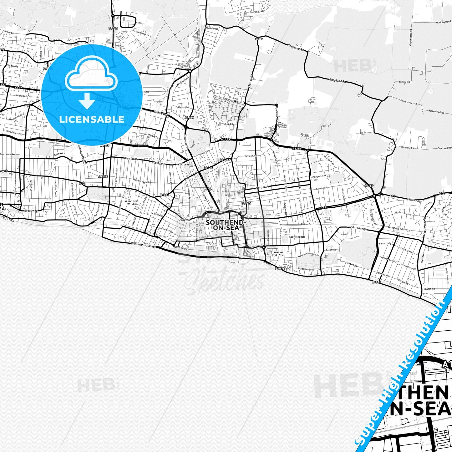 Southend-on-Sea, England Light Map with Street Names, City Names, and Districts
