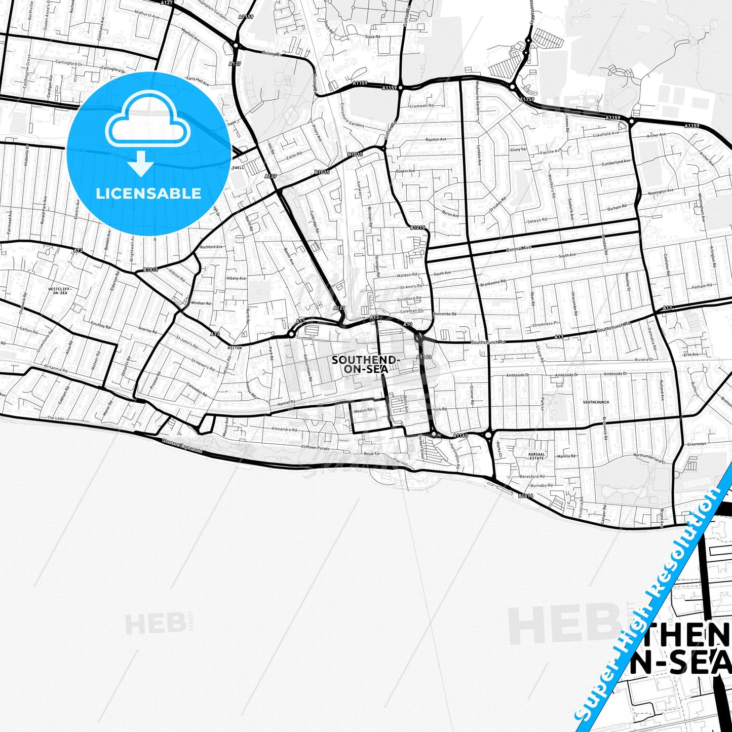 Southend-on-Sea, England Light Map with Street Names, City Names, and Districts