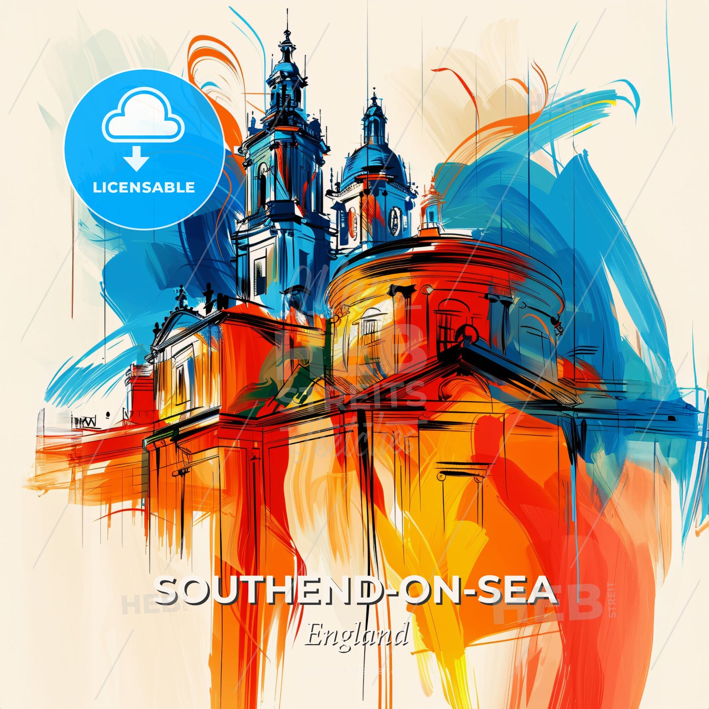 Vibrant Southend-On-Sea, England - A Painting Of A Building With A Colorful Background - Square format print template