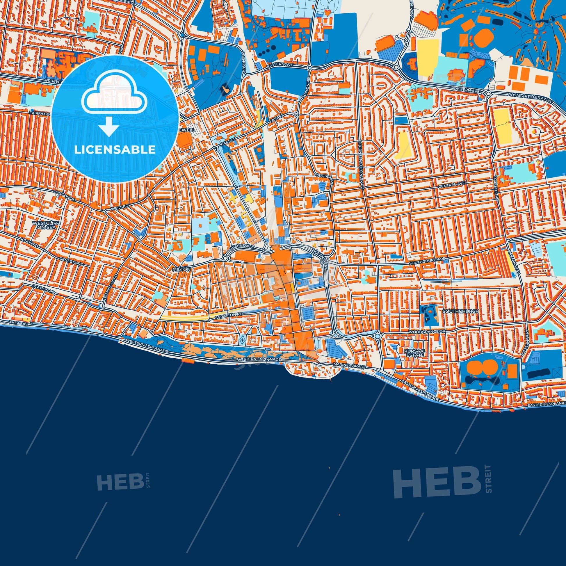 Colorful Southend-on-Sea Street Map with Labels and Buildings