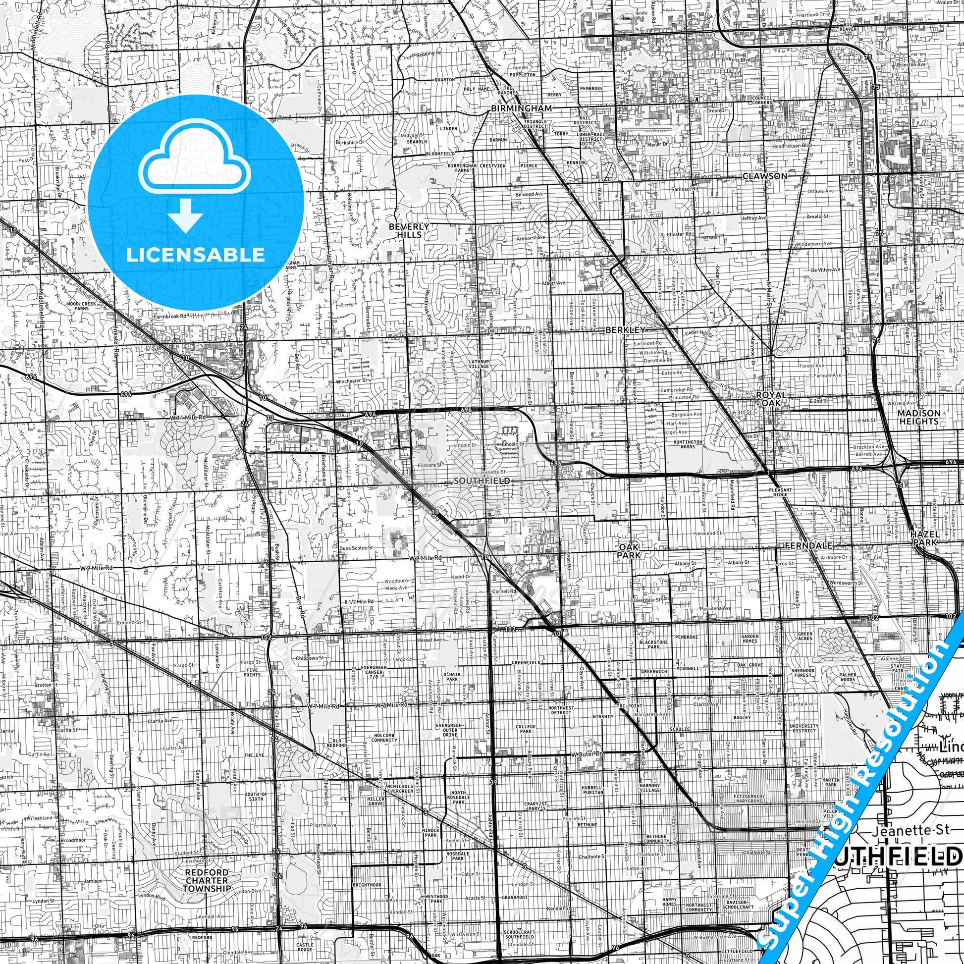 Southfield, Michigan light map with streetnames, citynames and districts