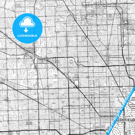 Southfield, Michigan light map with streetnames, citynames and districts