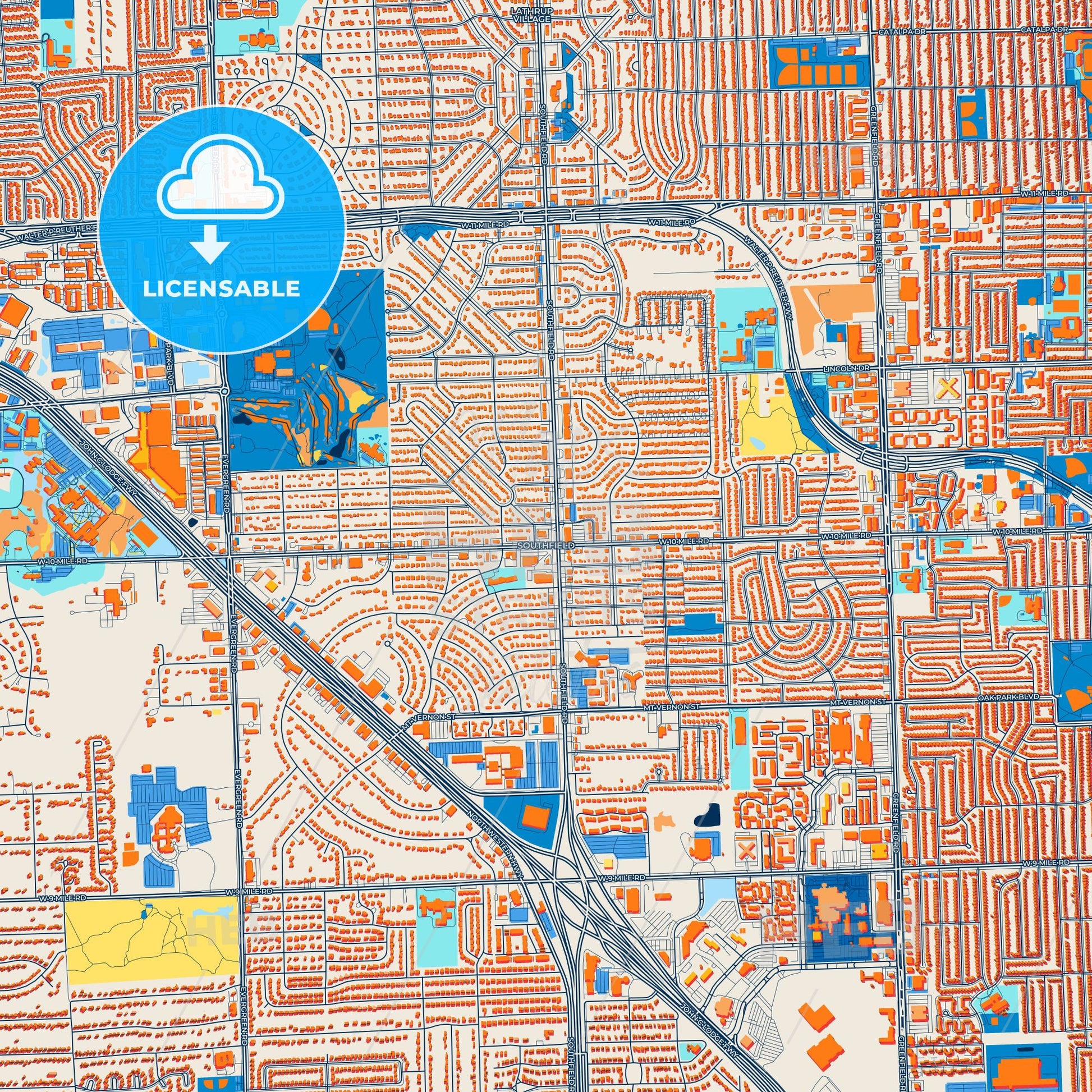 Colorful Southfield Street Map with Labels and Buildings