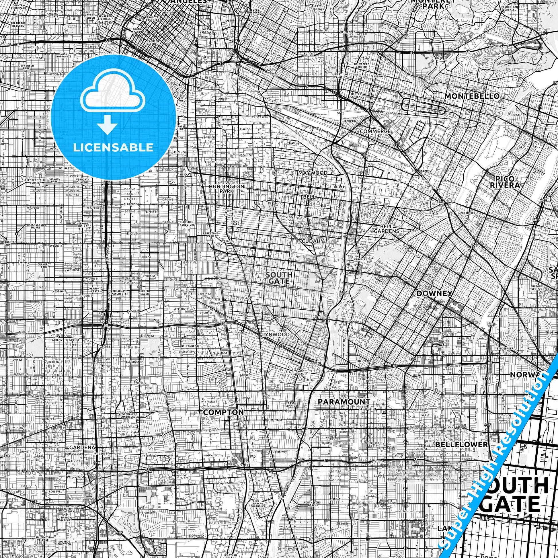 South Gate, California light map with streetnames, citynames and districts