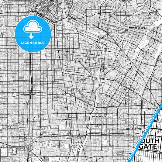 South Gate, California light map with streetnames, citynames and districts