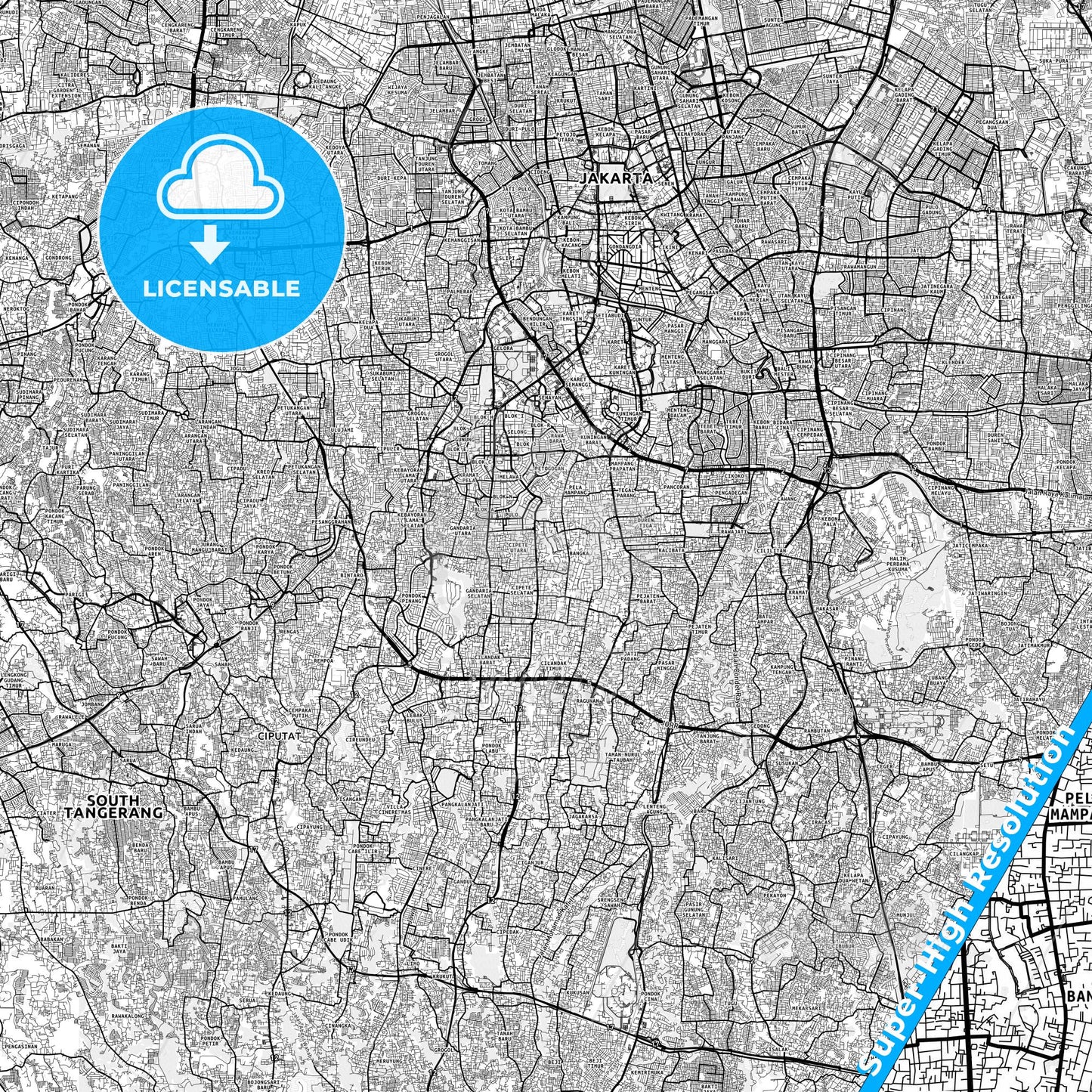 South Jakarta, Indonesia light map with streetnames, citynames and districts