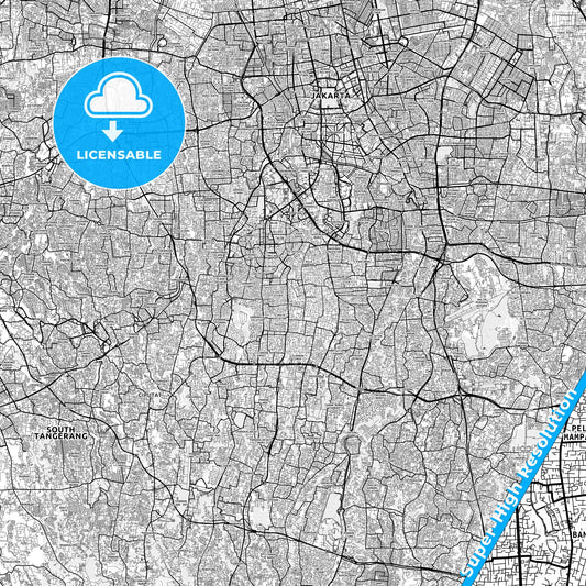 South Jakarta, Indonesia light map with streetnames, citynames and districts