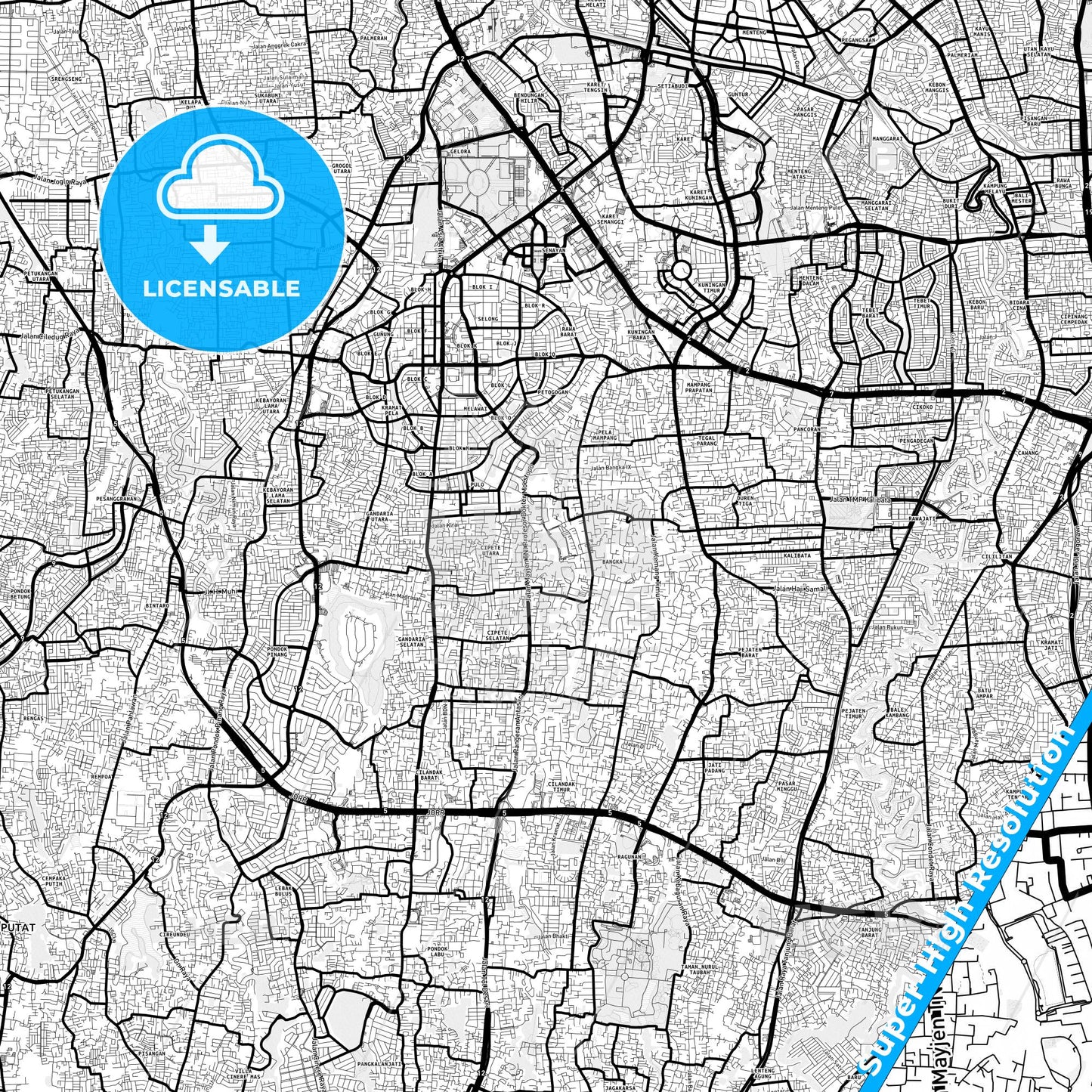 South Jakarta, Indonesia Light Map with Street Names, City Names, and Districts