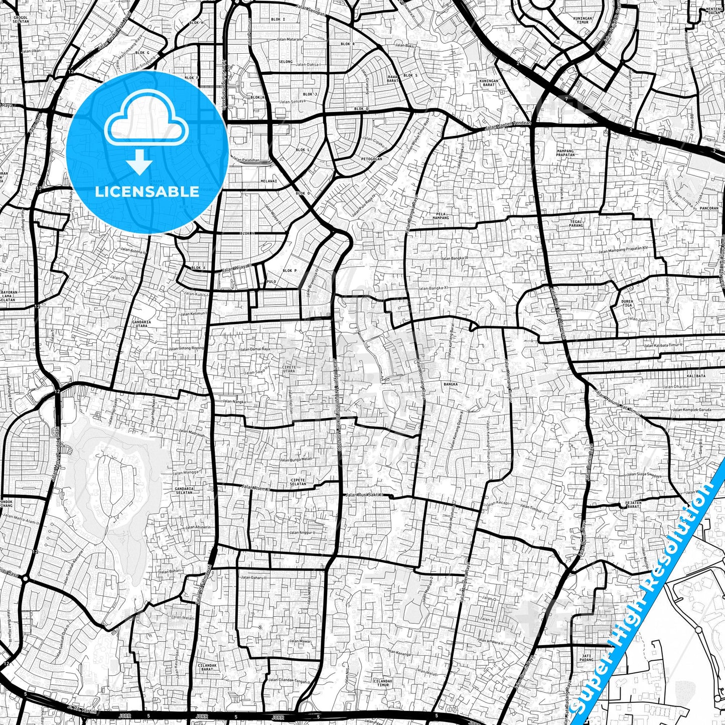 South Jakarta, Indonesia Light Map with Street Names, City Names, and Districts