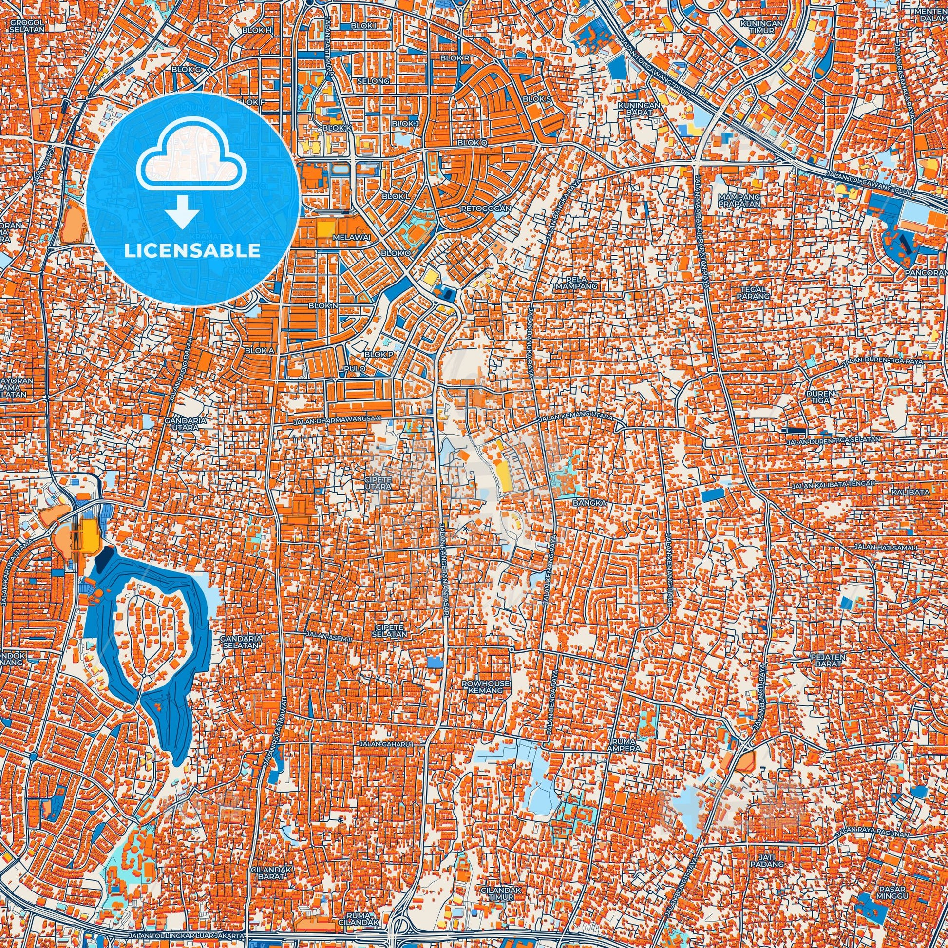 Colorful South Jakarta Street Map with Labels and Buildings